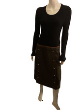 Tory Burch winter midi dress color black and brown leather trimmed waistline L