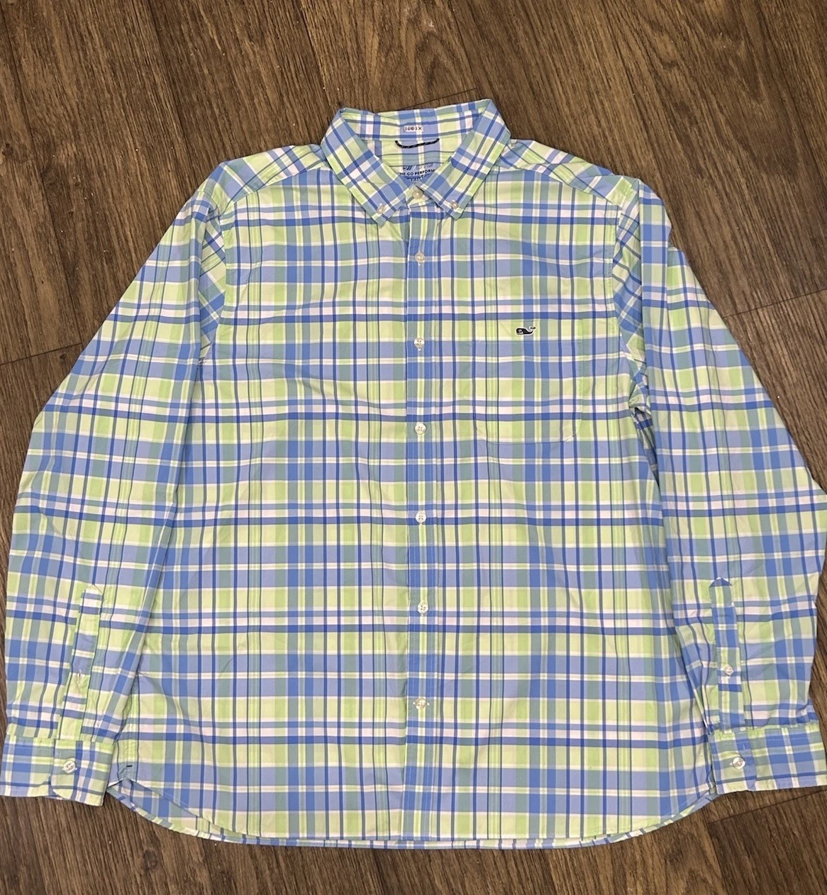 Vineyard Vines On The Go Performance Shirt Mens XL Green Blue Plaid Button Down