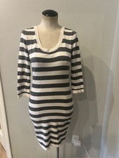 GUESS Womens M Gray White Striped Knit Bodycon Dress 3/4 Sleeve Criss Cross Back