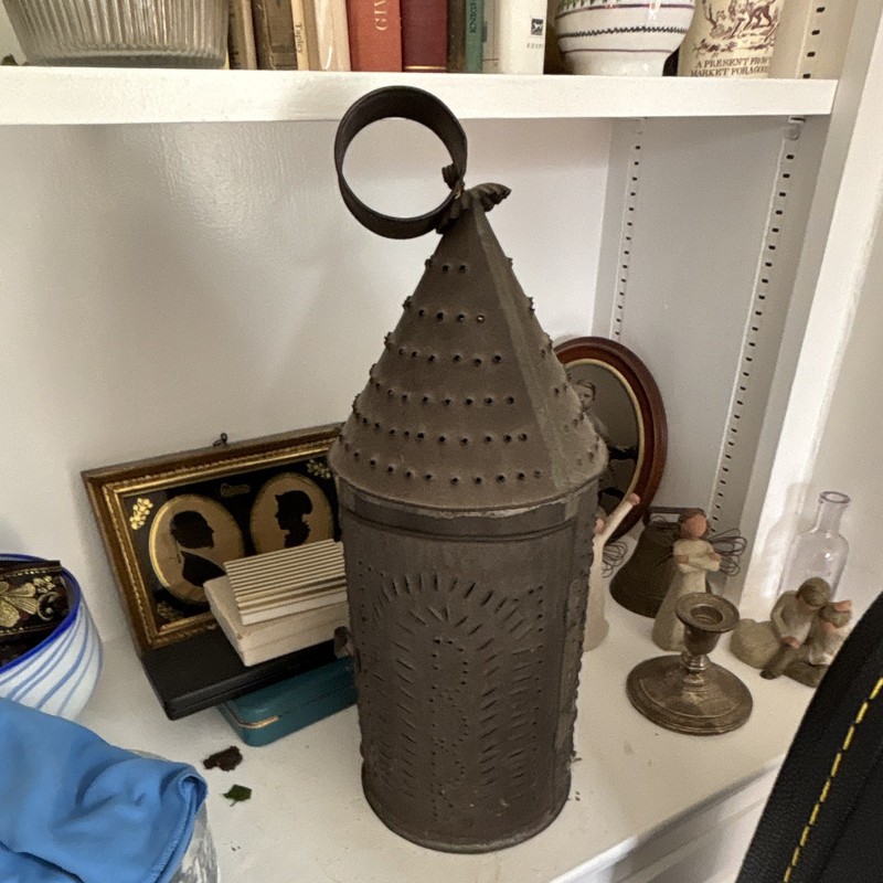 Paul Revere Lantern. Pierced Metal Tin Hanging Candle Lantern, Ring Handle