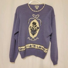 VTG Koret Purple Lambswool Angora Blend Embroidered Pullover Sweater Wmn's XL