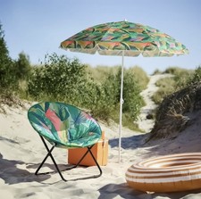 Tropical Print Foldable Moon Chair Green Camping Garden Relax Seat Outdoor Loung