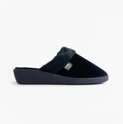 Totes Isotoner Glitzer Velours Absatz Damen Polyester Slipper Navy Pantolette Hausschuhe