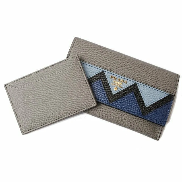 Prada Card Case Folded Wallet SAFFIANO GRECHE Embossed Leather Gray Blue Men's
