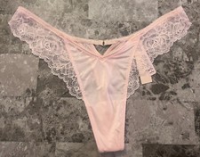 NWT VICTORIA'S SECRET PINK SATIN SMOOTH LACE GOLD RING HIGH LEG THONG PANTIES