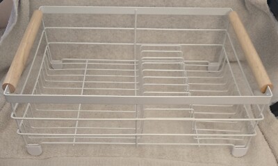 YAMAZAKI HOME TOSCA WHITE OVER-THE-SINK DISH DRAINER RACK WITH WOOD  HANDLES~NEW