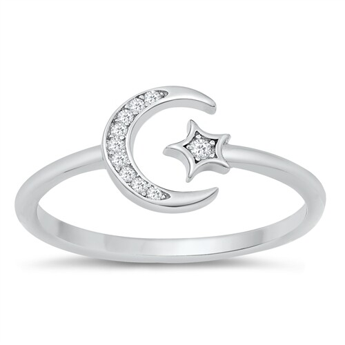 Moon & Star Ring Genuine Sterling Silver 925 Clear CZ Face
