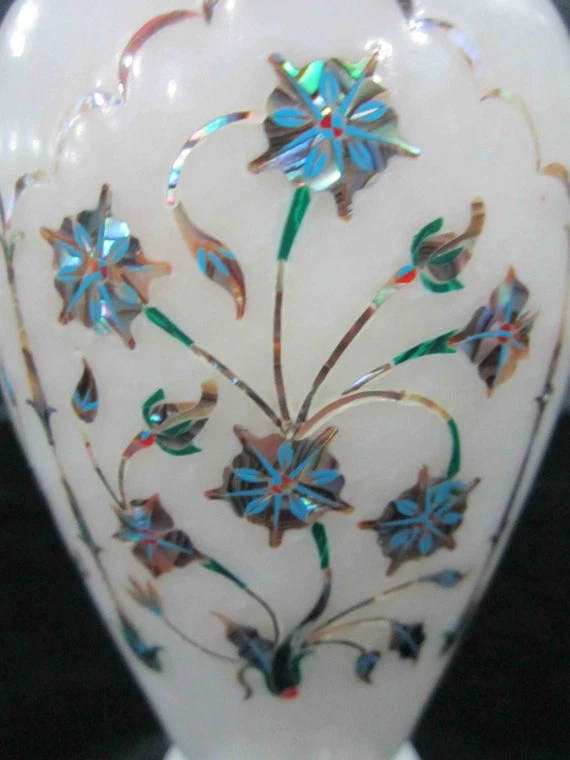 7" Marble Flower Vase Handmade Decorative Semi Precious Stone Inlay Home Decor Foto 2 de 3