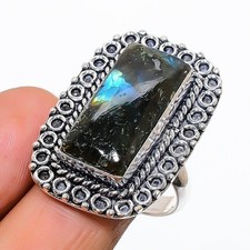 Natural Labradorite Gemstone 925 Sterling Silver Jewelry Ring Size 9 US 