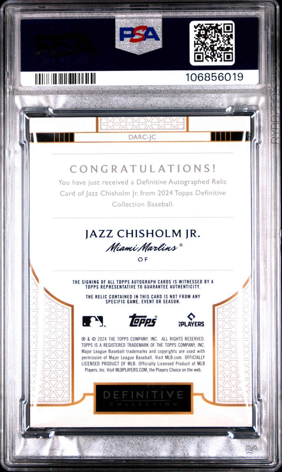 2024 TOPPS DEFINITIVE COLLECTION PURPLE #DARCJC JAZZ CHISHOLM JR. 3/5 PSA 10 view 2
