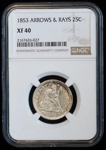 1853 Seated Liberty 25C US Silver Quarter (NGC XF40 XF 40) ARROWS & RAYS 