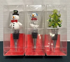 3 Glass Art Christmas Wine Bottle Stoppers Christmas Tree, Snowman, Snow Globe
