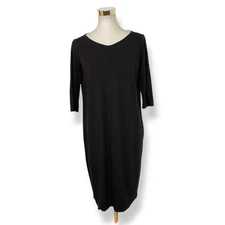 Eileen Fisher System Size XS Shift Dress Black Jersey Knit 3/4 Sleeve