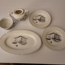 Vtg Child  s Tea Set China Japan Pagoda Pattern Plates Cup Sugar Bowl Platter