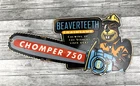 VINTAGE  12x6" BEAVERTEETH CHAINSAW CHOMPER 750 PORCELAIN GASOLINE OIL SIGN