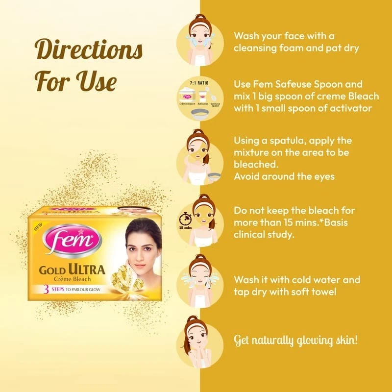 Fem Cream Bleach Face Skin Whitening - 24k Gold Dust ,24gm ( Pack of 2 ) - Image 4 of 4