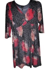 Soma Medium Midi Dress, Pink Flowers, Gray Black, 3/4 Sleeve, V-Neck Nightgown