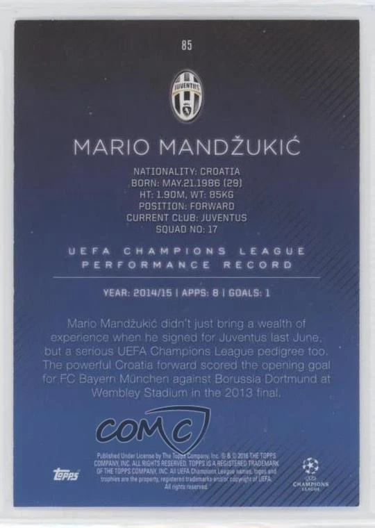 2015-16 Topps UCL Showcase Blue Mario Mandzukic #85 - Image 2 of 2