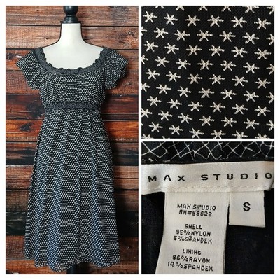 Max Studio Dress S Peasant Puff Sleeve Black White Star Print Nylon Mesh Ruffle 