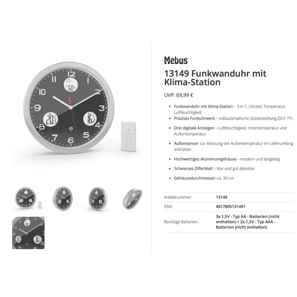 Horloge radiopilotée Mebus 13149 de 30 cm idéale pour salon et bureau