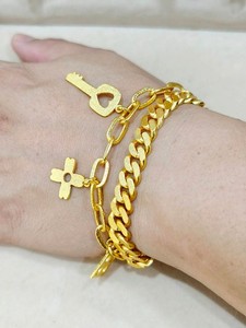 Authentic 2PCS 24K Gold Plated Cuban Link Bracelets Key & Flower Charms Set