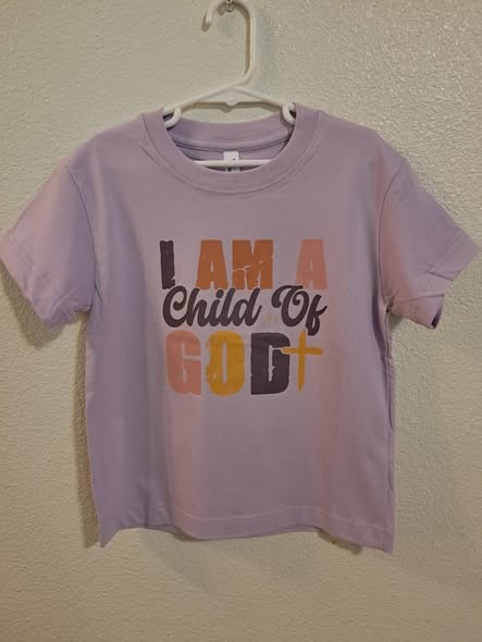 "I Am A Child Of God " size 4/5 light purple, short sleeves, Christian shirt