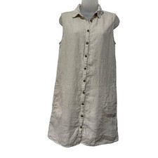 Tahari 100% Linen Sleeveless Button Front Shirt Dress M Neutral Pockets