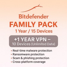 Bitdefender Family Pack 2026- 1 Year 15 Devices  1 Year UNLIMITED VPN