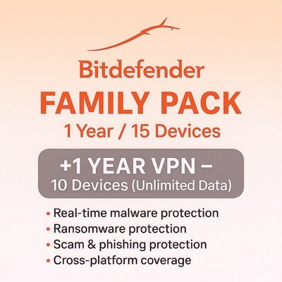 Bitdefender Family Pack 2026- 1 Year 15 Devices + 1 Year  UNLIMITED VPN