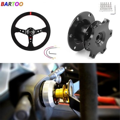 US 350mm Deep Dished Racing Suede Alloy Steering Wheel & Quick Release Hub Kit