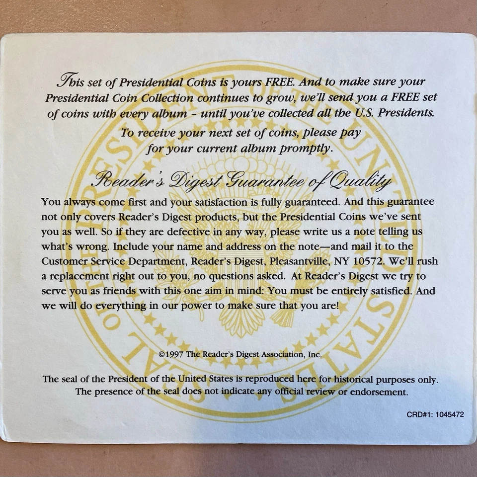 1997 Readers Digest Brass Presidential Coins US Presidents Coin History - Image 2 of 4