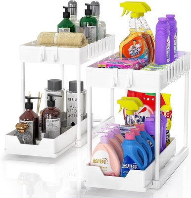 Meltrck Under-Sink Organizer Set - 2 Expandable Shelves with 16 Hooks, White