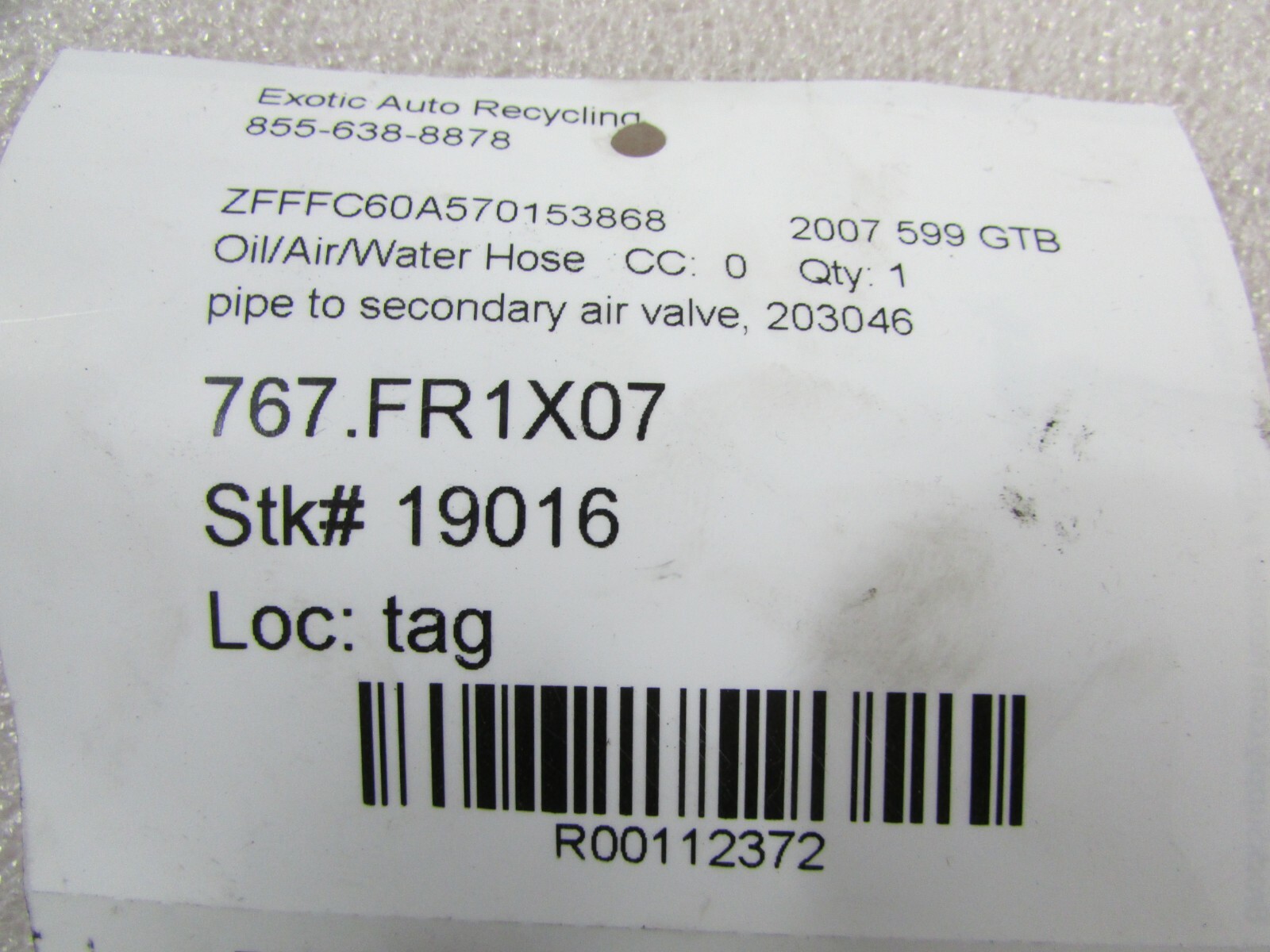 Ferrari 599 GTB, Pipe to secondary Valve, Used, P/N 203046