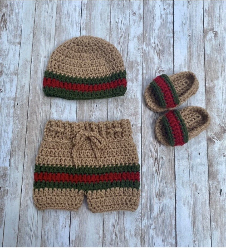 Crochet Newborn Baby Boy Beanie Hat, Shorts and Sandal Slides Photo Prop Set
