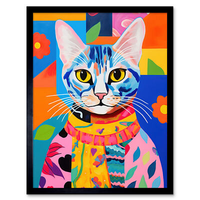 Die Katze im Kaftan Kunstwerk kühn lebendig moderne Volkskunst gerahmter Kunstdruck 9 x 7 Zoll