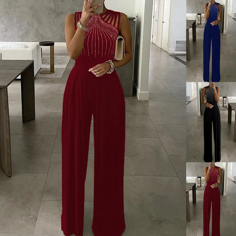 Women's Sequin Hollow Sleeveless Wide Leg Formal Jumpsuit Evening Party  Playsuit
