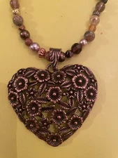 Retro Vintage Copper Large Fiore Heart Pendant Jasper Hematite Crystal Necklace