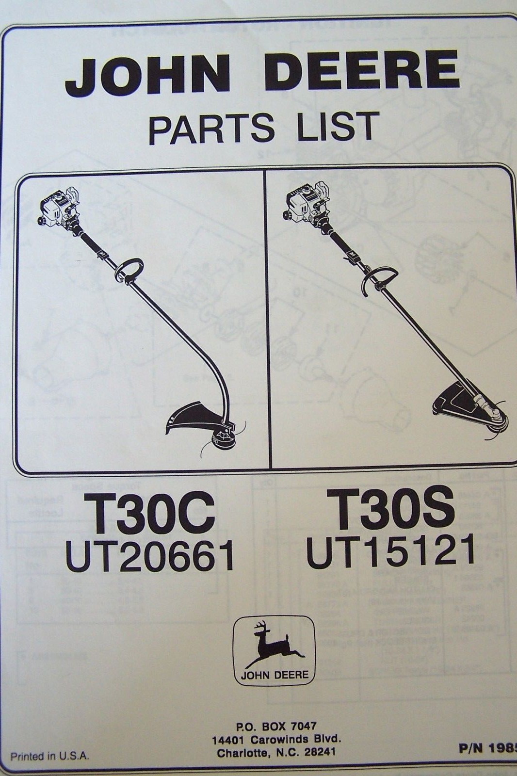 JOHN DEERE PARTS LIST FOR TRIMMERS T30C & T30S eBay