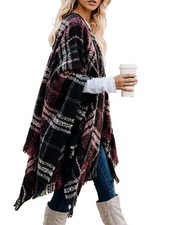 Boho Open Front Poncho Knitted Plaid Shawl Wrap Cape Cardigan Sweater