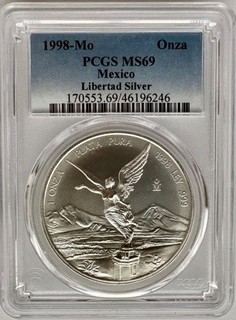 1998 Mo Mexico 1 Oz. Silver Libertad Onza Coin PCGS MS69 The Key Date