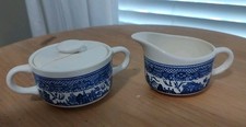 Vtg Royal China Willow Ware Blue and White Sugar Bowl w/Lid and Creamer Set.