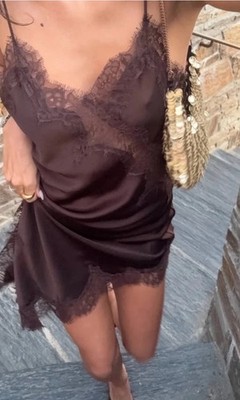 zara brown lace slip dress Zara ZW Collection Dark Brown Satin Lace Mini Slip Dress / Tunic Size S by Zara collection