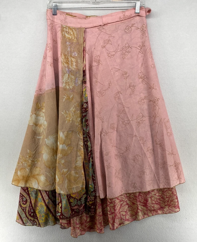 Falda de Seda L Campesina Boho Acampanada Reversible Envoltura Midi En Capas Lado Rosa Foto 3 de 4