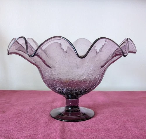 MCM Design Blenko Amethyst Crackled Glass Compote with 10 Pt. Ruffled Edge