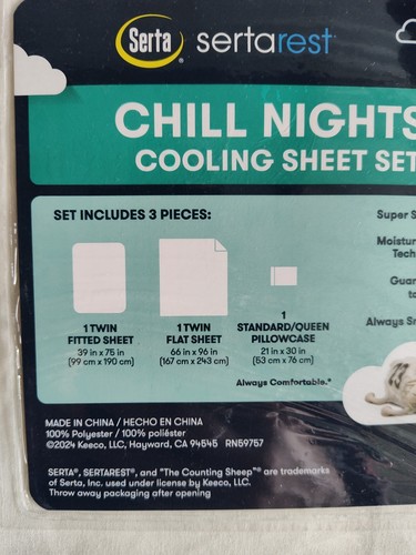 Serta Cooling Sheet Set 1 Twin Fitted Sheet 1 Twin Flat Sheet 1 Pillowcase - Picture 3 of 3