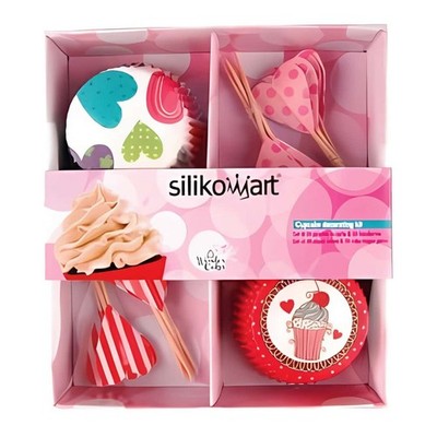 Set 24 Cupcake Papierförmchen Und 24 Herzfähnchen - SILIKOMART
