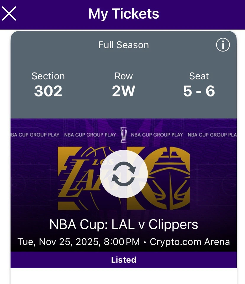 2 Grandes Entradas para Copa NBA LA Lakers vs LA Clippers 25/11/25 Sección 302 Fila 2W Foto 2 de 4