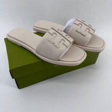 NEW TORY BURCH Double T Sport Slide Nappa Leather 79985  Light Cream/Gold Sz 5
