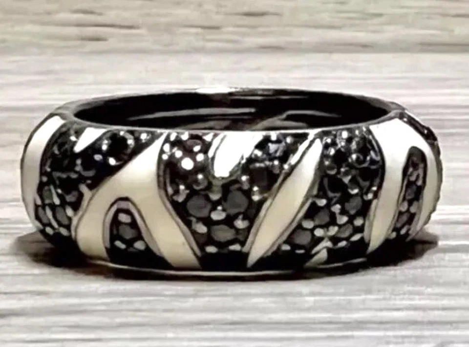 Designer Hidalgo Sterling Silver & White Enamel Black Pave CZ Band Ring, Size 5 - Image 2 of 4
