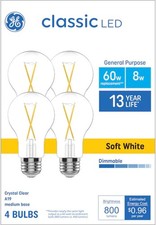 GE LED 8W, 60W Equivalent Soft White A19 Light Bulbs 4 Pack 800 Lumens, Dimmable